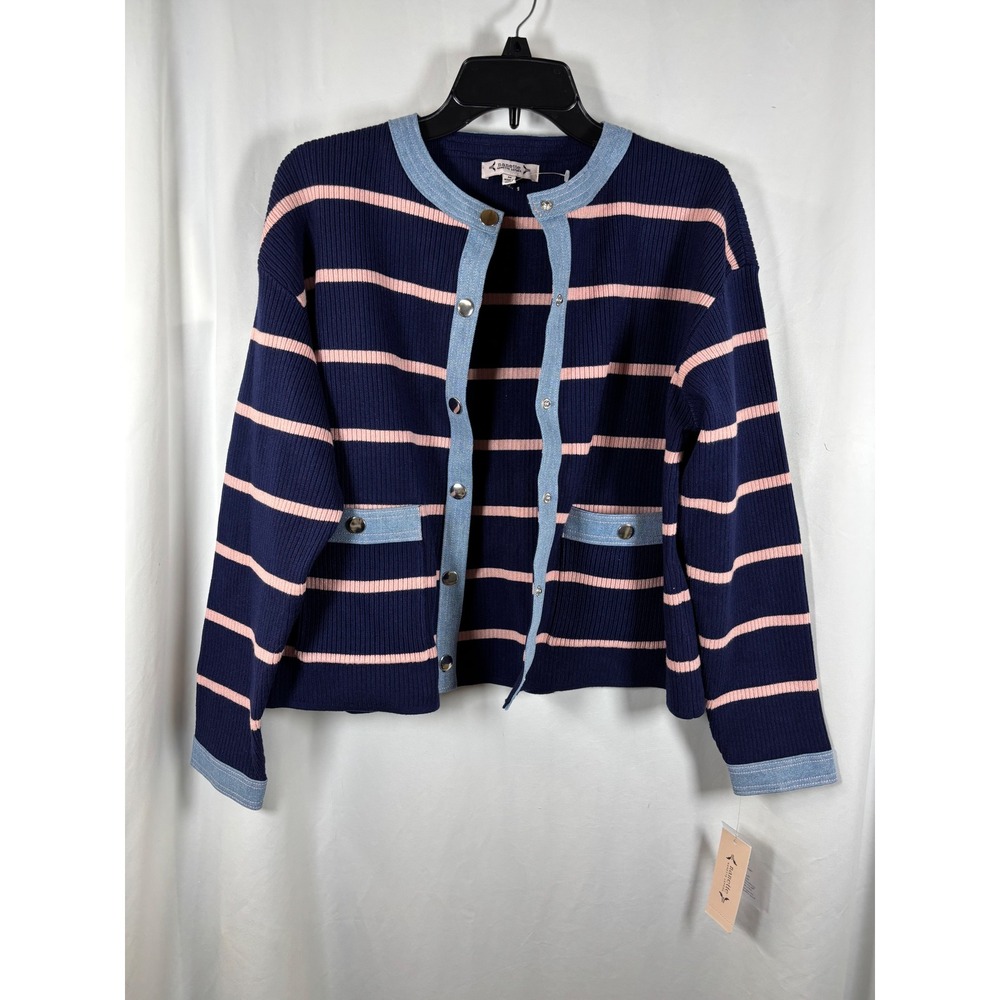 Nanette Lepore Striped Cardigan Navy Pink Ribbed Snap Front Sweater Womens M NEW